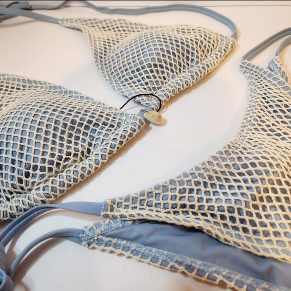 Zaful Blue and Cream Mesh Bikini Women's Bikini Set Fishnet Triangle Tie